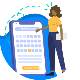 Illustration of a woman standing in front of a tablet.