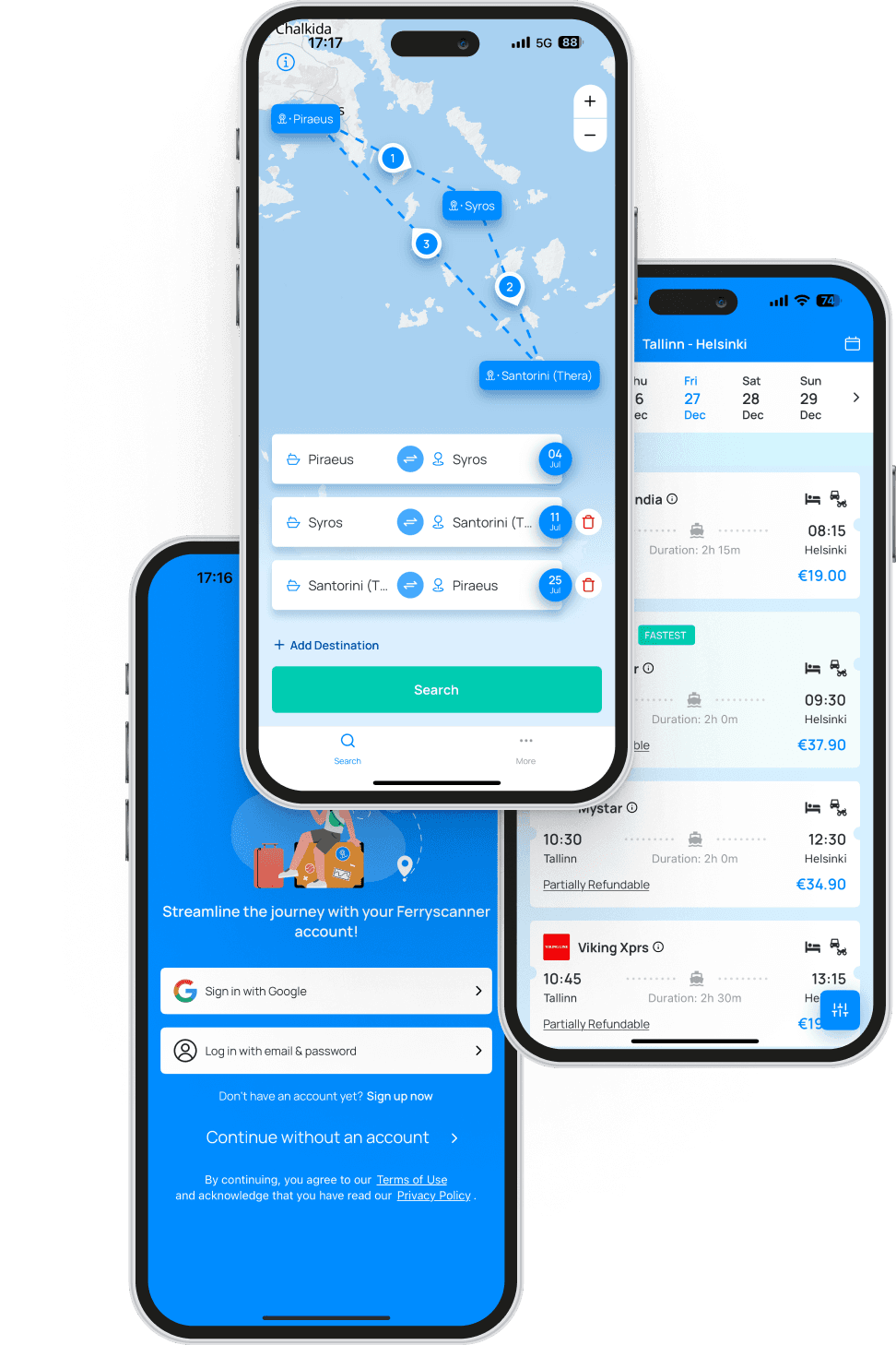 L'app di Ferryscanner con funzionalità quali: mappa del percorso dei traghetti con rotte selezionate dal Pireo a Syros, da Syros a Santorini (Thera) e da Santorini al Pireo, incluse le date di viaggio e le opzioni di ricerca; elenco dei traghetti disponibili per il collegamento dal Pireo a Aegina Town, con orari di partenza, durata del viaggio, tariffe e opzioni di cancellazione gratuita; schermata di accesso con opzioni per accedere tramite Google, email o continuare senza un account, accompagnata da un'illustrazione a tema viaggi.