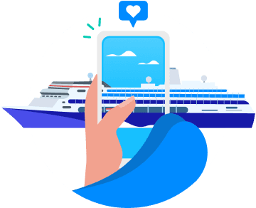 Icona raffigurante una mano che tiene uno smartphone che mostra il mare e il cielo, con un traghetto sullo sfondo, a rappresentare una pianificazione dei viaggi semplice e immediata.