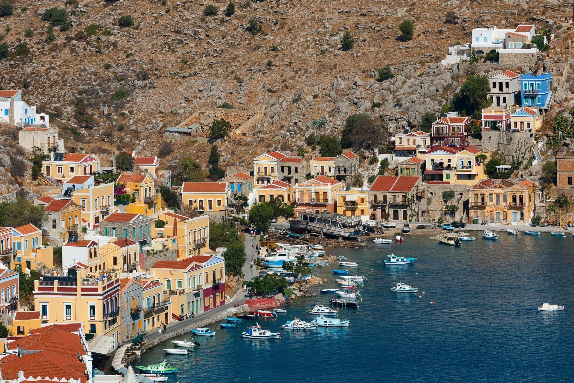 A photo of one of the Dodecanese Islands, taken from the sky with a drone