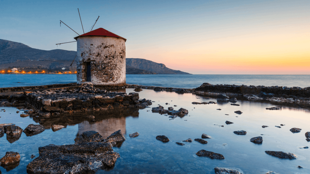 A photo of a windmill, shot on sunset time in Leros Island.