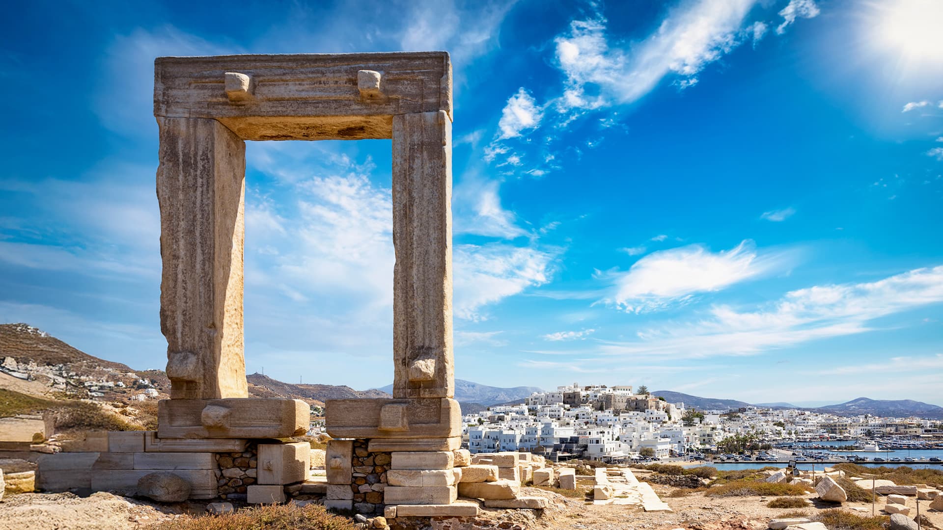 Mid-day on the Potara of Naxos, an ancient ruin that resembles a gate. 