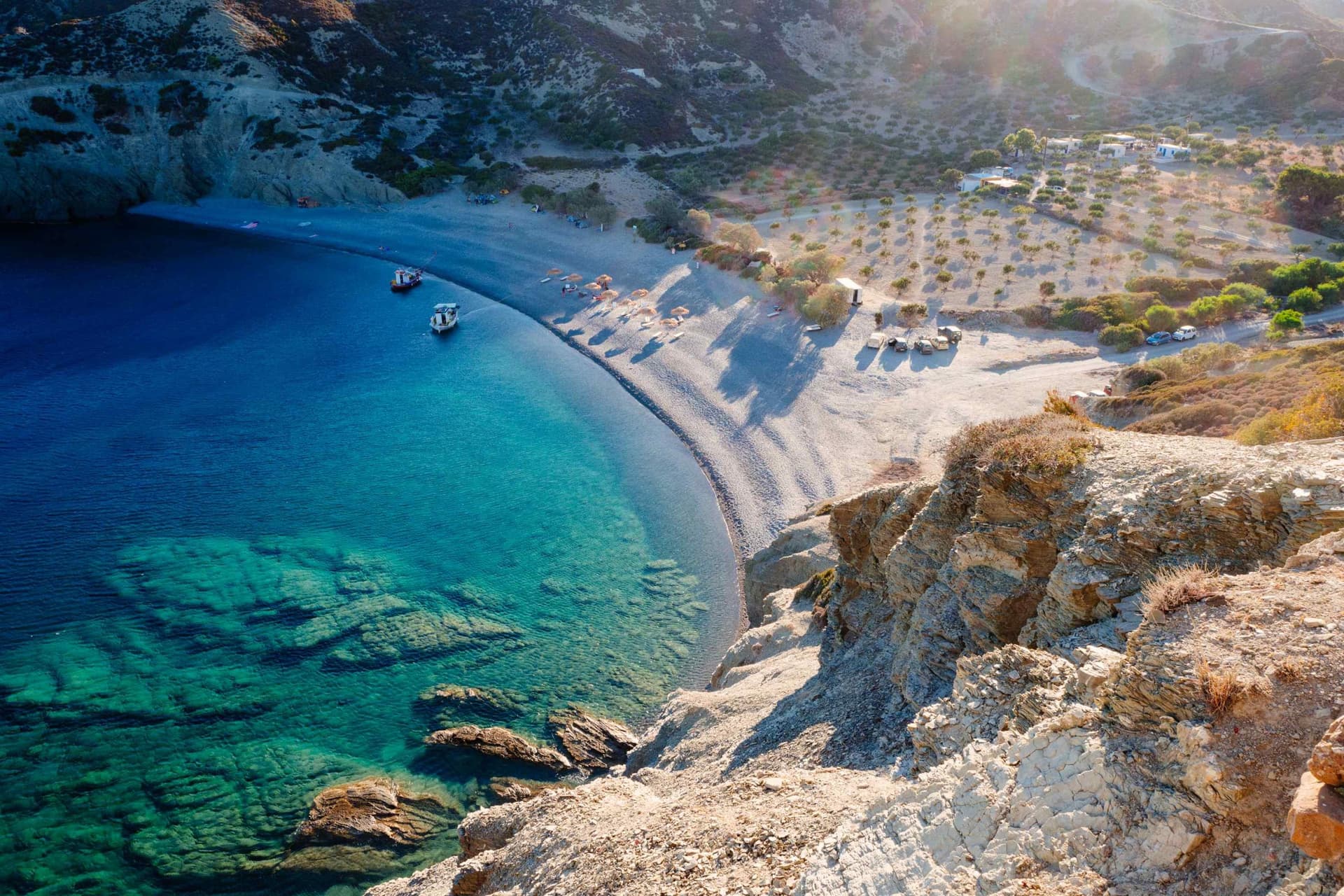 Birds-eye view of the blue waters of Saint Minas beach in Olympos on Karpathos.
