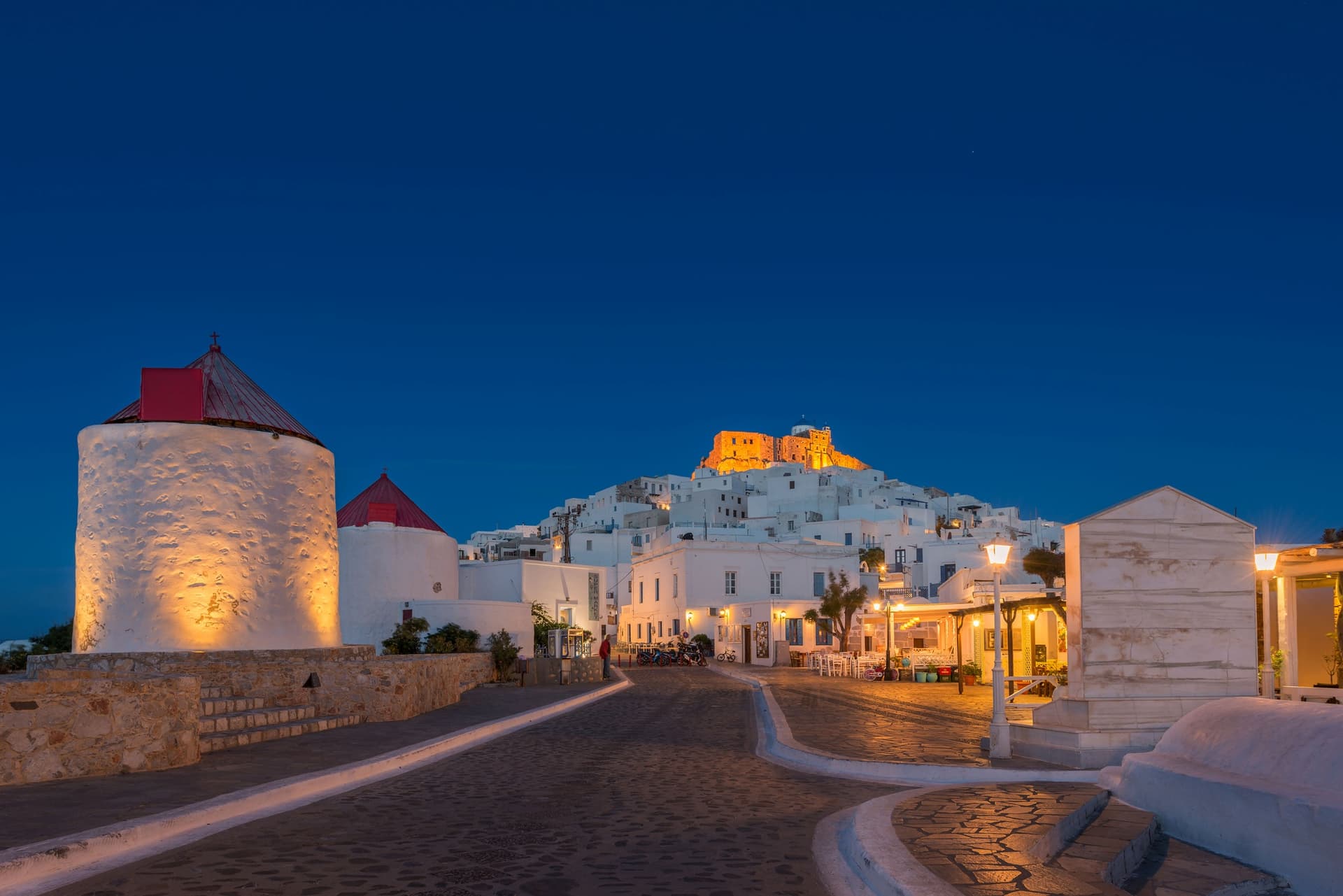 Evening and warm lights in the beautiful Chora of Astypalea, Greece.