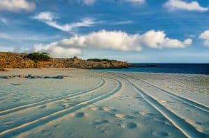 Une plage de sable fin et doré à l'eau bleu.