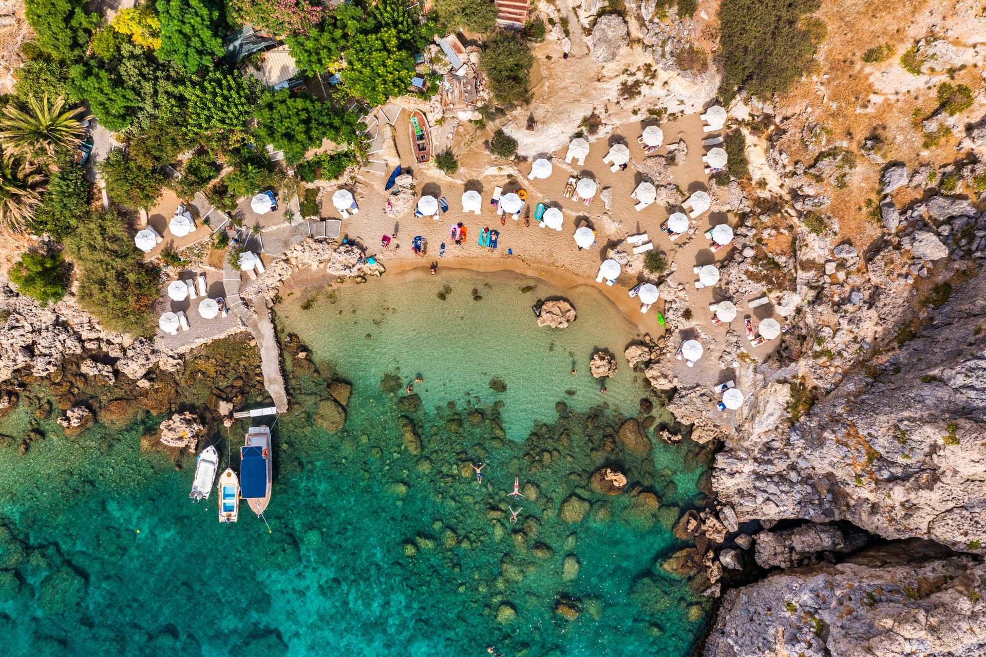 Panoramic shot overlooking St Pauls Bay at Lindos on the Island of Rhodes, Greece, Europe.