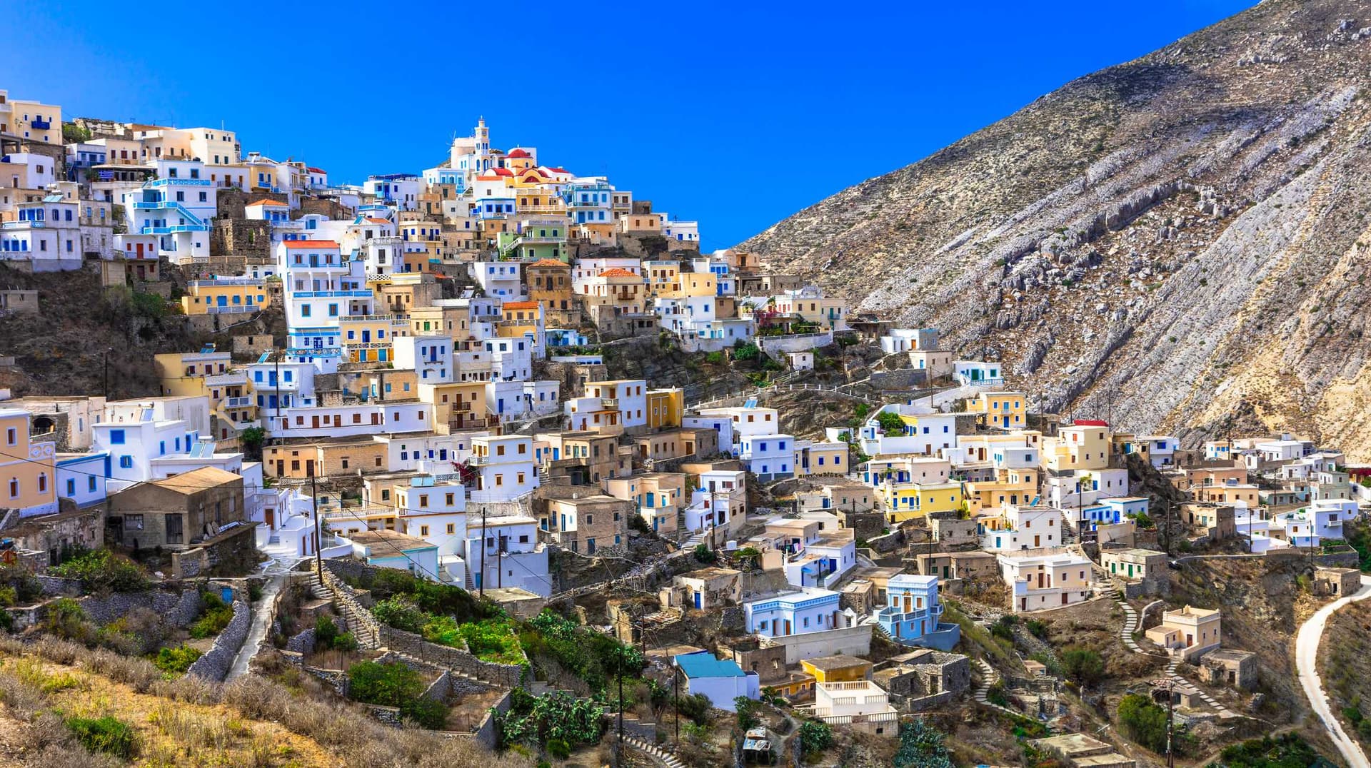 Colourful houses in the village of Olimbos on Karpathos Island.