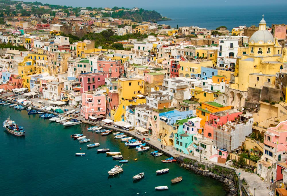 The shoreline of Procida, Italy, in vibrant color. 