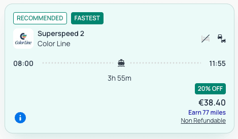 Ferryscanner-grensesnitt som viser en reise med rabattkode
