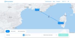 La carte interactive de Ferryscanner présentant un itinéraire entre Marseille et la Corse en bateau.