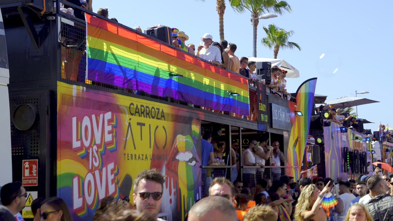 A crowd with rainbow flags under a blue sky, with palm trees.