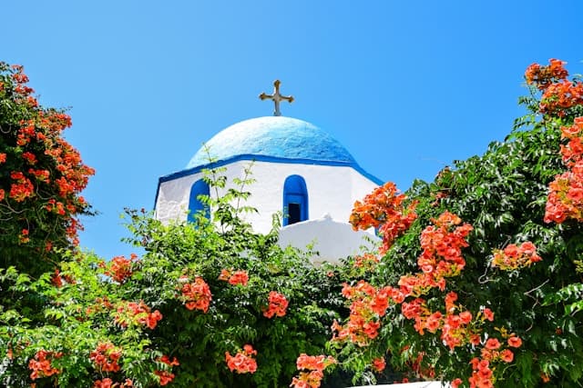 Classica chiesa greca con cupola azzurra e croce dorata, parzialmente nascosta da una rigogliosa vegetazione fiorita a Paros