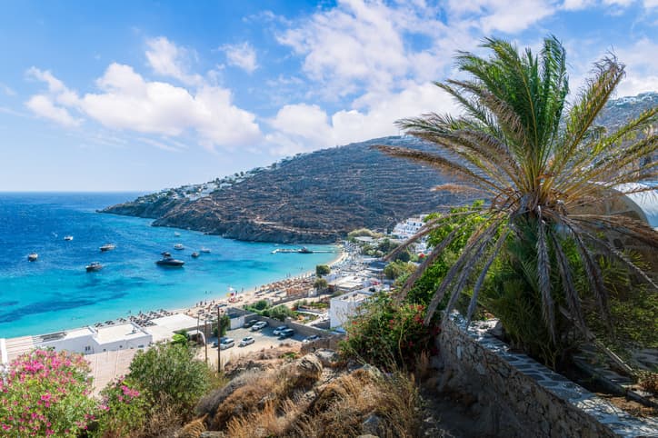 A daytime photo of Psarou Beach, Mykonos