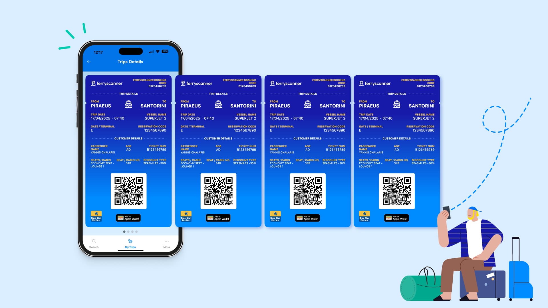 Here the passenger's boarding pass is displayed, including a QR code that they may show the ferry attendant for easy boarding.