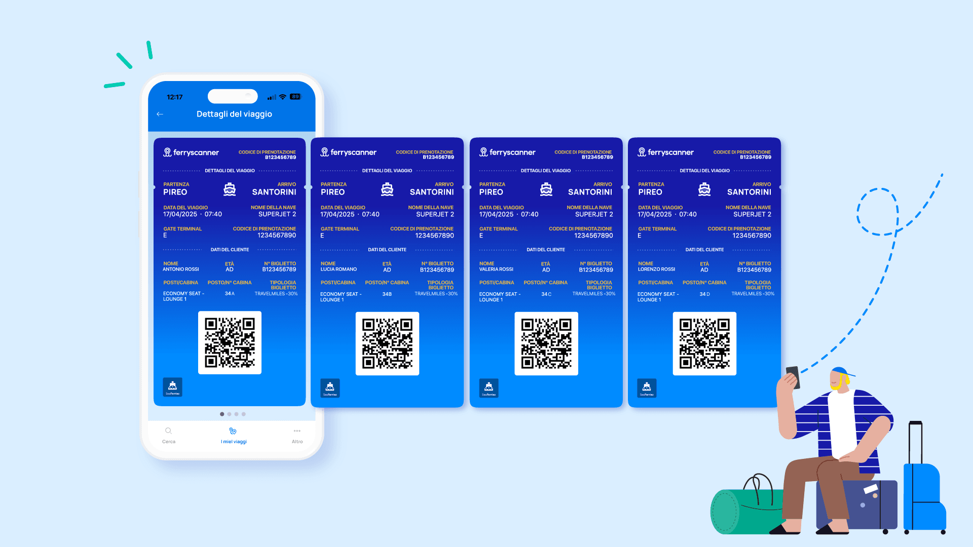 Qui viene visualizzata la carta d'imbarco del passeggero, comprensiva di un codice QR da mostrare all'addetto del traghetto per facilitare l'imbarco.