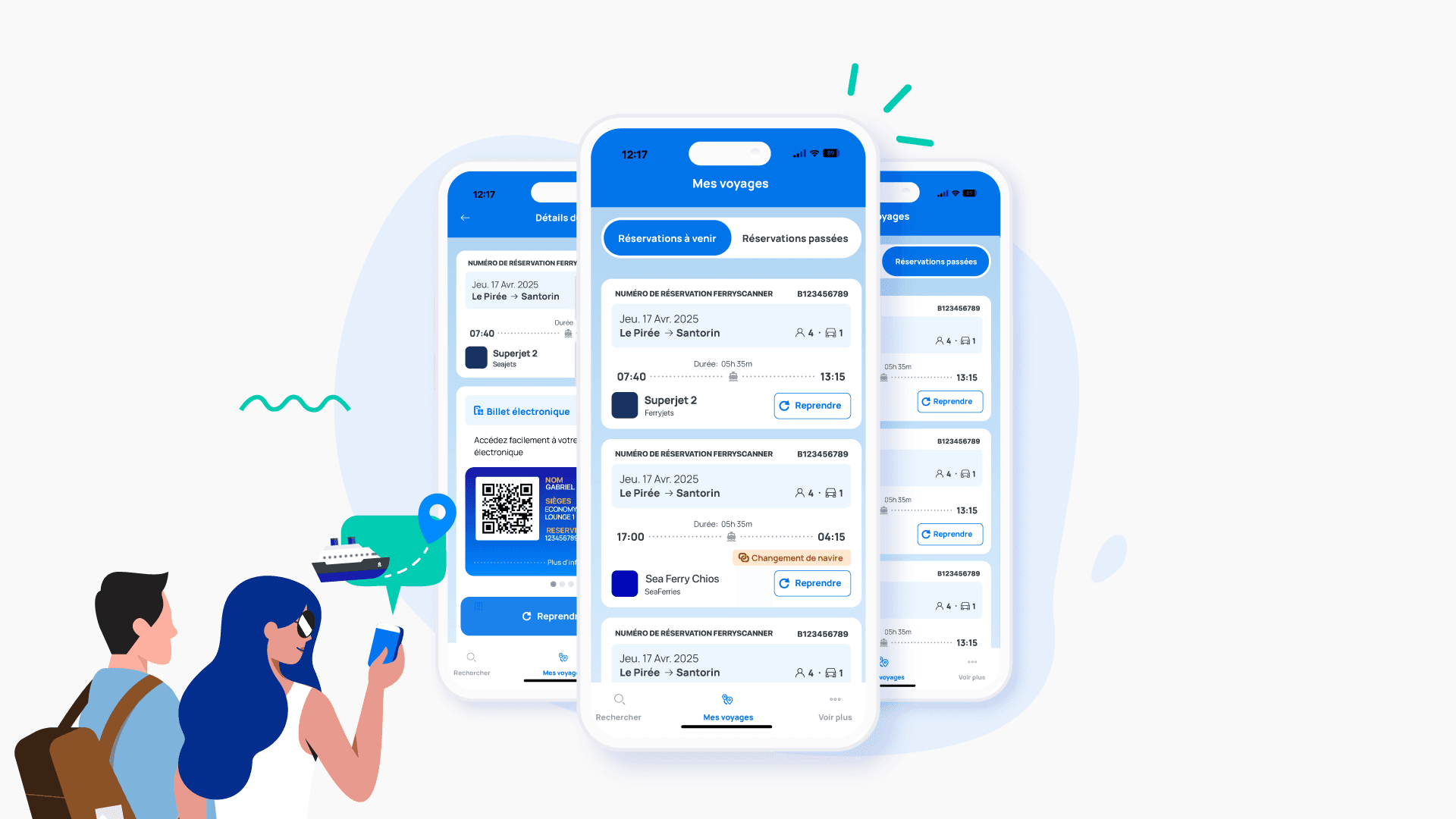 Trois exemples de la section « Mes réservations » de l'application Ferryscanner sont affichés avec les informations relatives aux billets. Dans le coin inférieur gauche, on voit deux passagers s'apprêtant à embarquer.