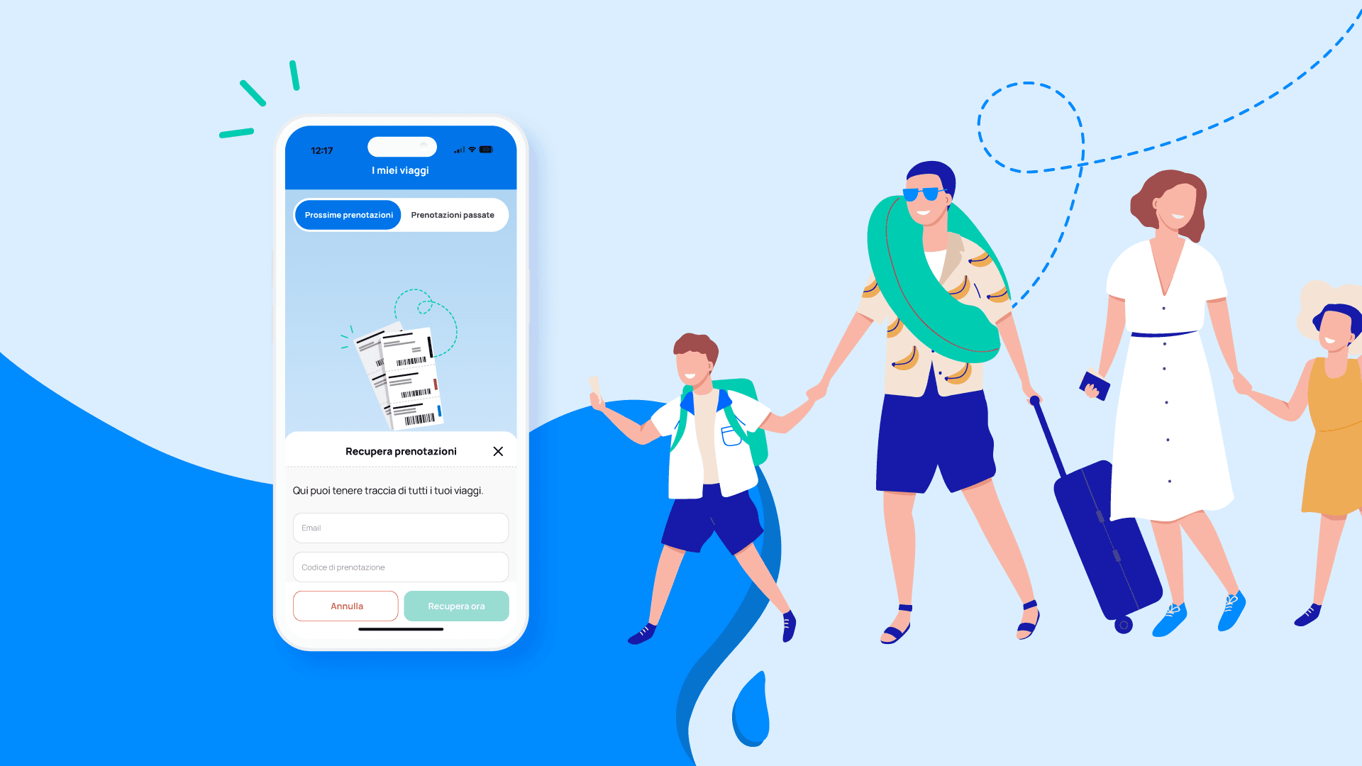 L'immagine a fumetti di una famiglia in viaggio è posta alla destra di una schermata che mostra una funzione utente in cui è possibile importare le prenotazioni da altre e-mail. 