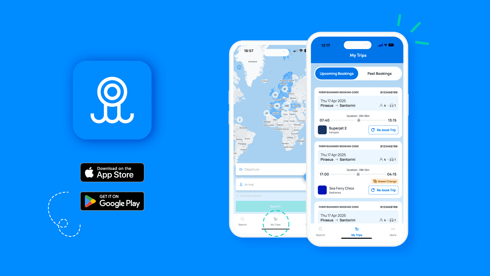 The image displays the app's interface; a map of the Greek islands and an example of a ticket. On the left-hand side is a logo for the App Store and Google Play store.