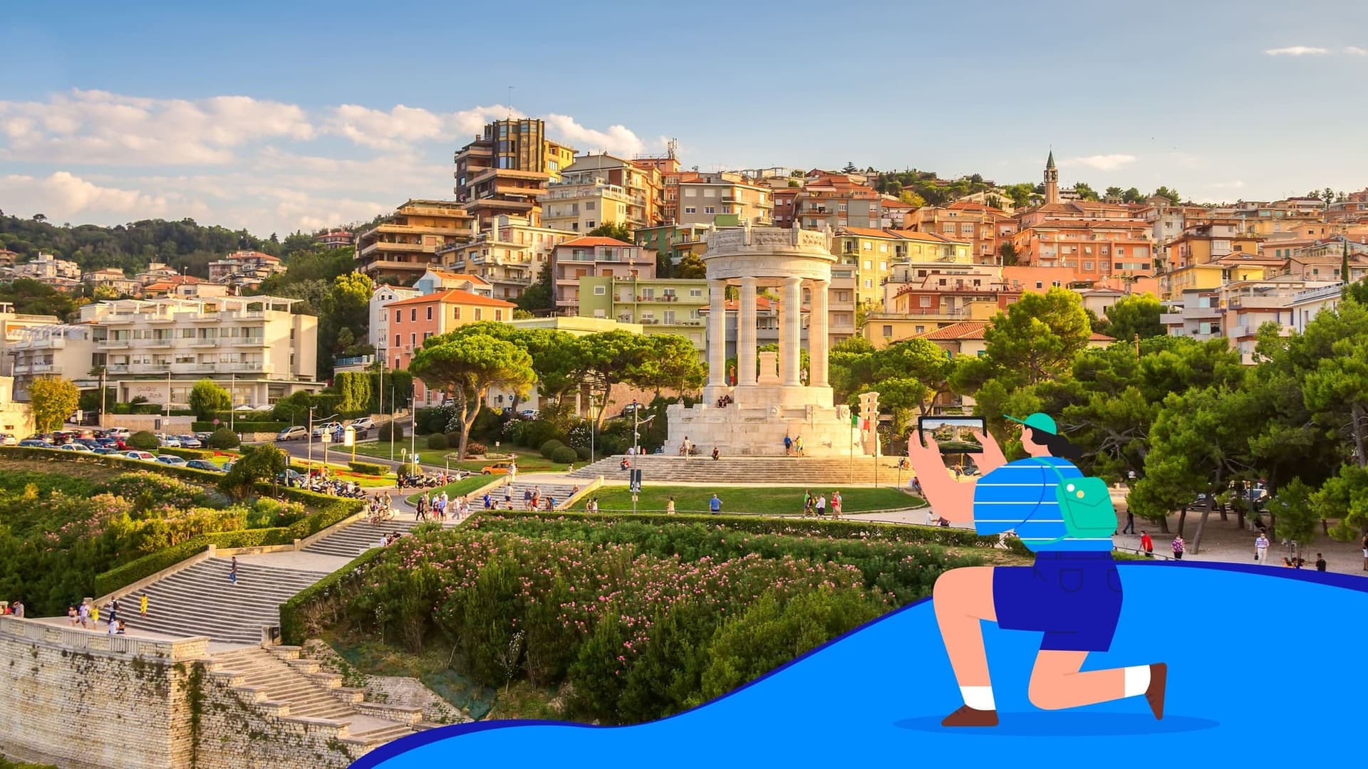 Prikaz kamenitog spomenika u Anconi, okruženog drugim građevinama i zelenilom, uokvireno Ferryscanner brandingom.