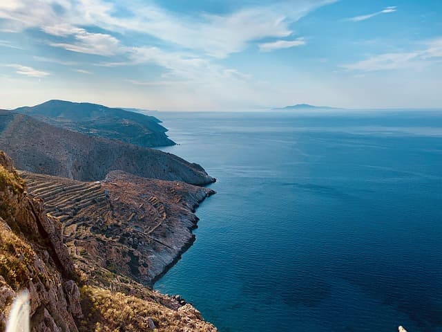 Vista costiera di Folegandros con scogliere e terrazzamenti che si affacciano sul Mar Egeo.