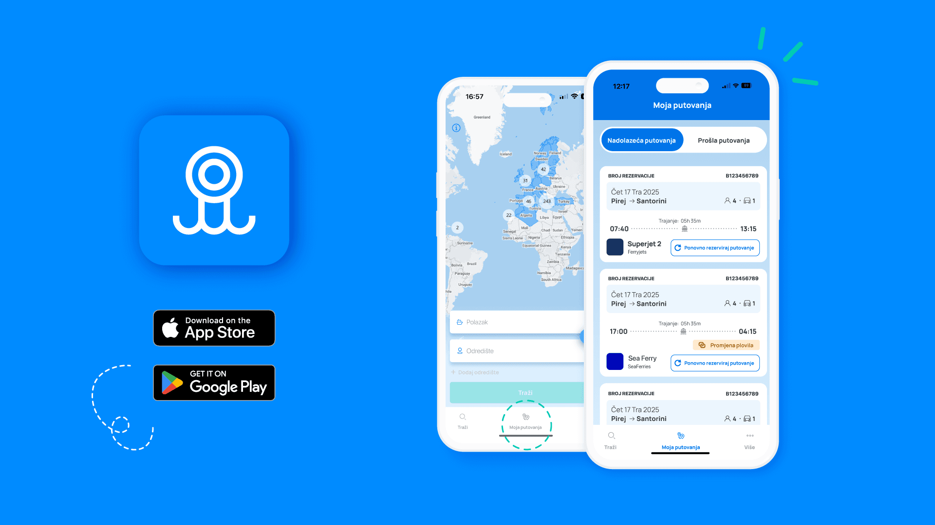 Slika prikazuje sučelje aplikacije; kartu grčkih otoka i primjer karte. Na lijevoj strani nalazi se logotip za App Store i Google Play trgovinu.