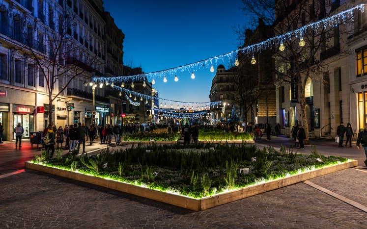 Marseille France, 27 December 2019 : La Canebiere iconic pedestrian street illuminated at night with Christmas decorations in Marseille France