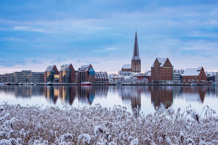 View over the river Warnow to the city Rostock, Germany.