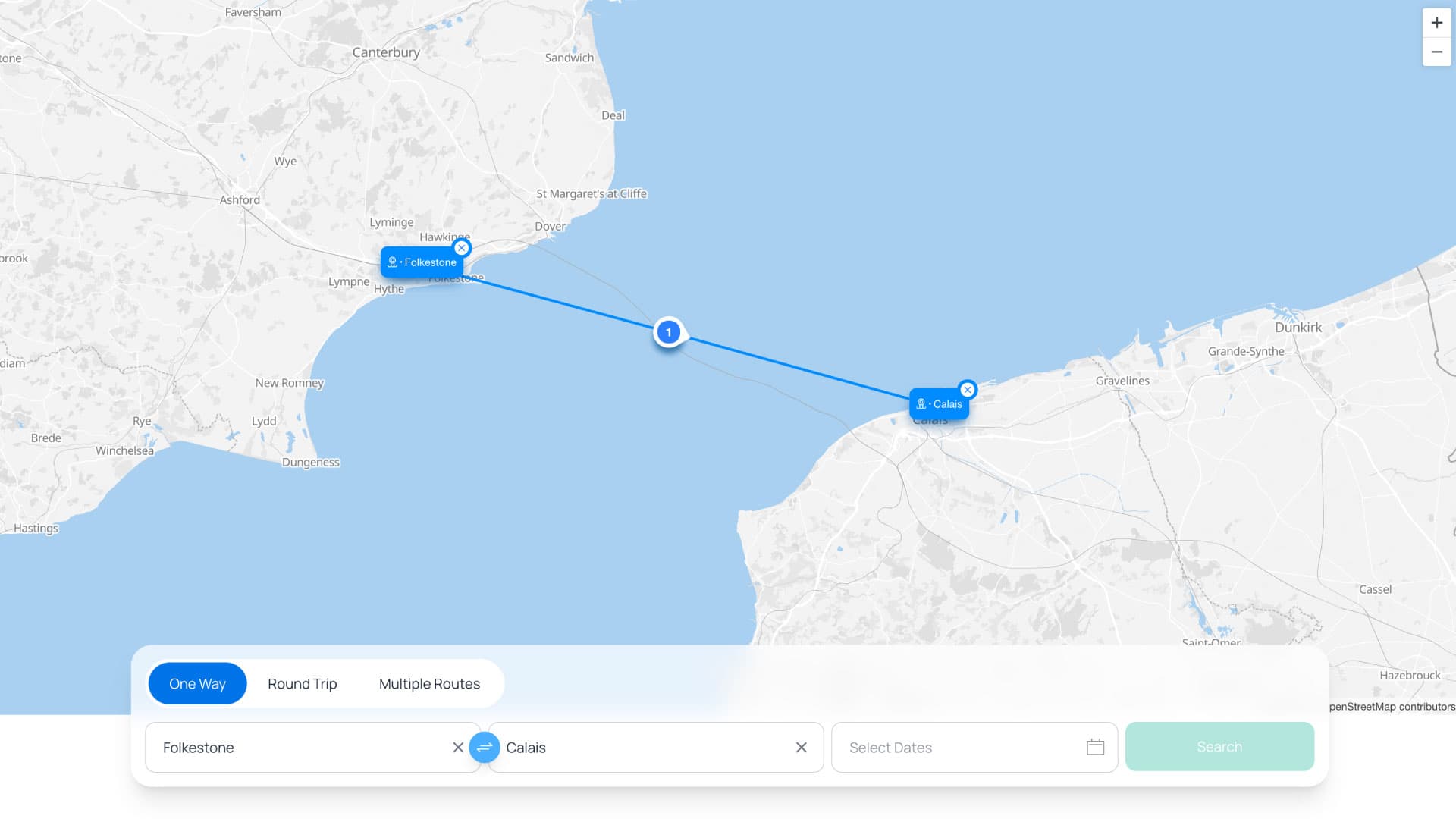 Folkestone Birleşik Krallık ve Calais Fransa arasındaki rotayı gösteren bir harita