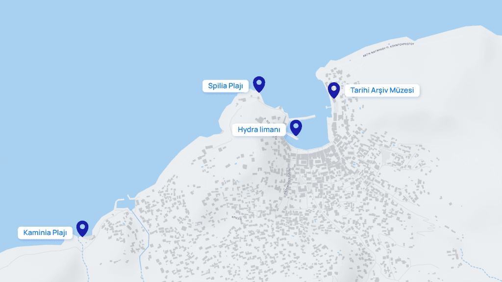 A visual map of Hydra that shows the port and the attractions.
