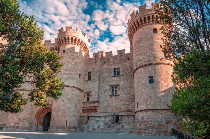 The entrance to the Palace of the Grand Master of the Knights of Rhodes (a.k.a. the Castello), a medieval castle in the old town of Rhodes, in Rhodes Island, Dodecanese, Greece.