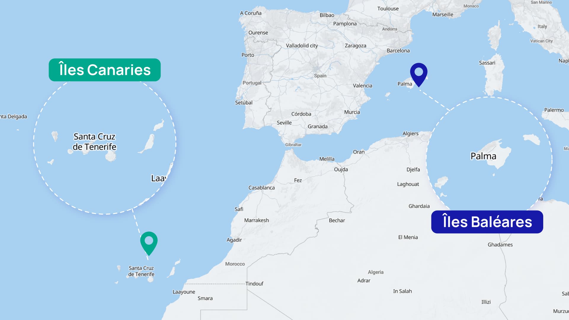Une carte de la mer Méditerranée et l'Atlantique avec les Canaries et les Baléares mis en avant. 
