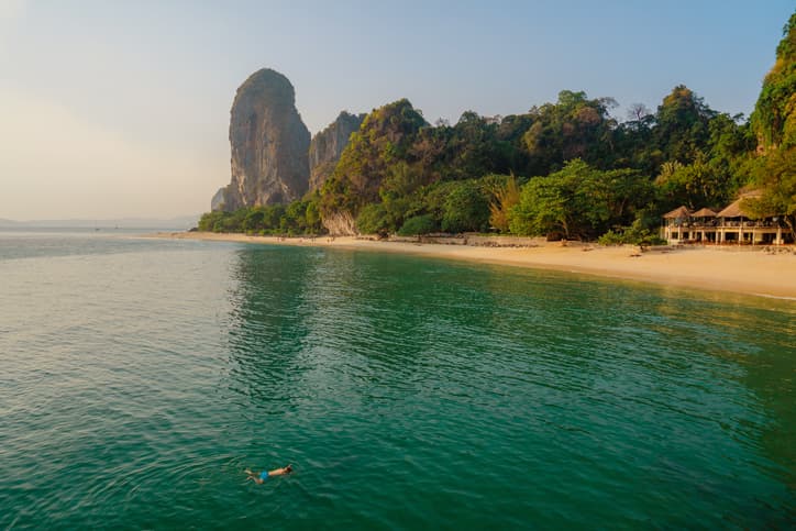 Scenic view of man swimming in the sea Railey beach