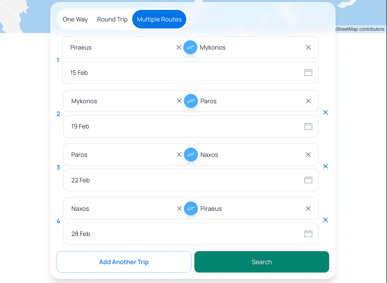 Ένα παράδειγμα της λειτουργίας πολλαπλών διαδρομών για ένα οδικό ταξίδι στο Ferryscanner
