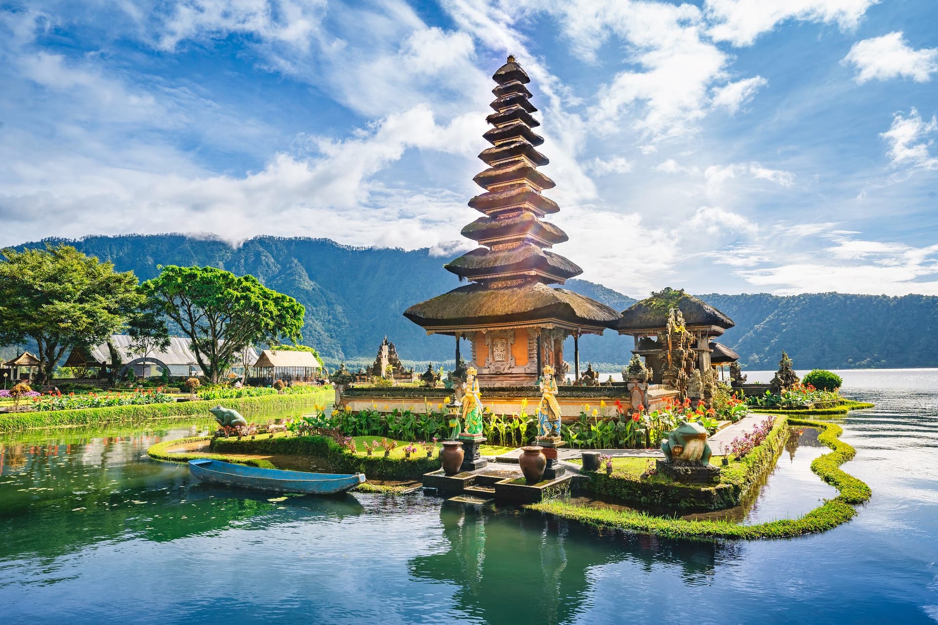 A daytime photo of Ulun Danu Beratan Temple under the blue sky and clouds