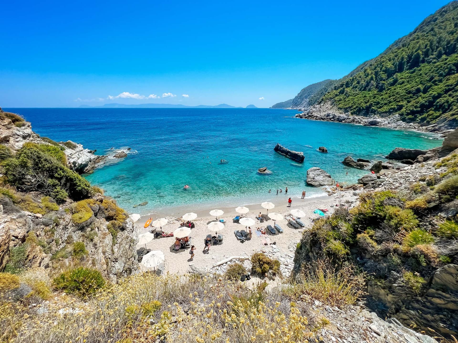 A birds-eye view of Agios Ioannis beach on Skopelos island.