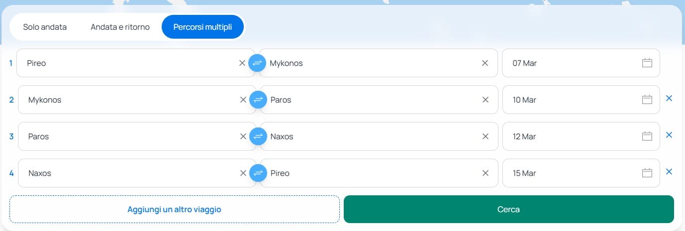 Un esempio della funzione Percorsi multipli per un viaggio on the road su Ferryscanner