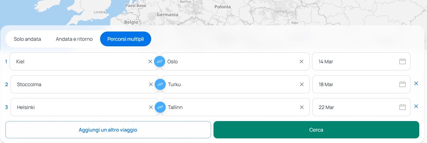 Diversi porti della Scandinavia inseriti in una ricerca con la funzione Percorsi multipli su Ferryscanner.