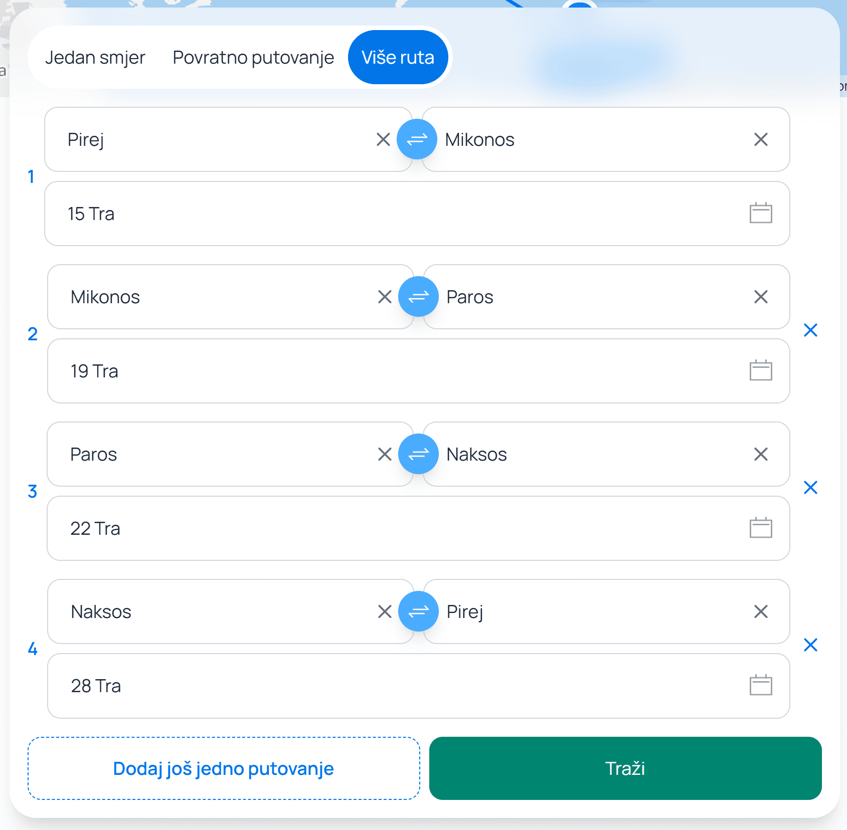 Snimka zaslona rezervacije nekoliko različitih otoka u Grčkoj putem Ferryscanner platforme, uključujući Atenu, Mikonos, Paros i Naksos.