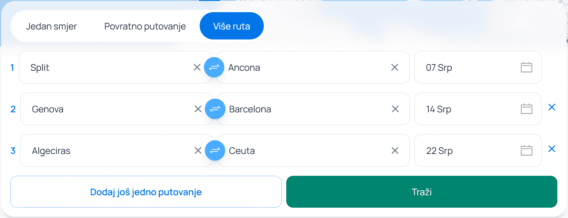 Snimka zaslona prikazuje kako rezervirati više različitih odredišta putem Ferryscanner platforme, uključujući trajekt iz Splita za Anconu, iz Genove za Barcelonu i liniju Algeciras prema Ceuti.