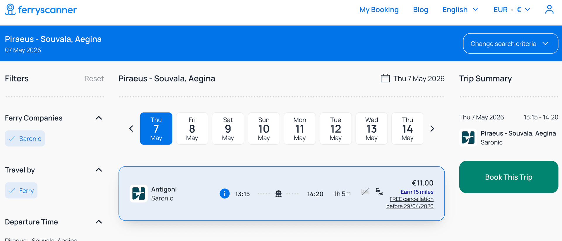 Ferryscanner interface showing the route from Piraeus to Souvala