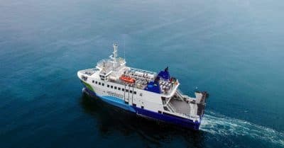 An Atlânticoline vessel cruising through the open sea