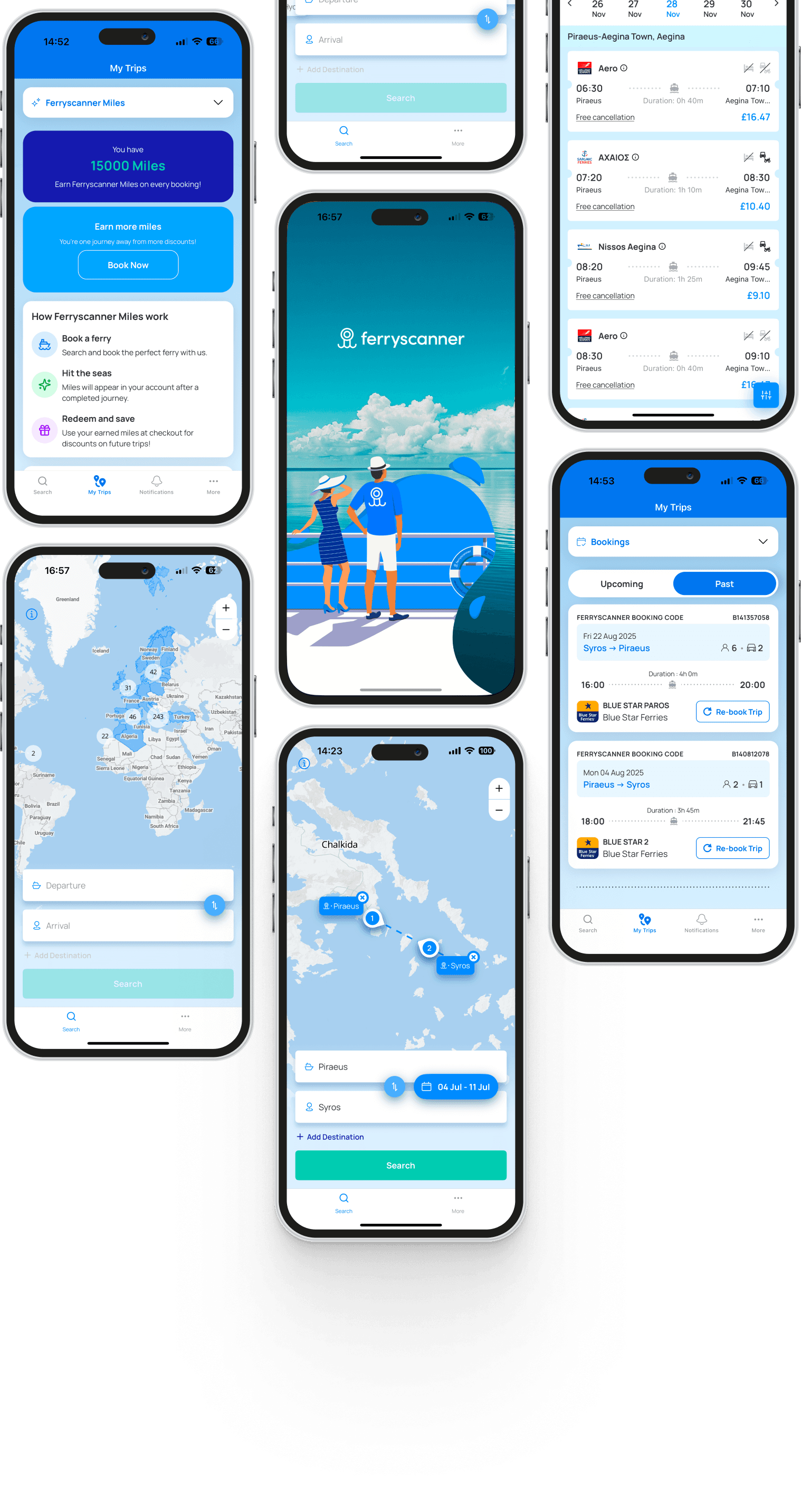 Ferryscanner mobile app showcasing key features, including the splash screen with the Ferryscanner logo and a couple enjoying a sea view, a map overview with departure locations, a destination search interface, ferry route details from Piraeus to Syros, available ferry options for Piraeus to Aegina Town with departure times and prices, and detailed ship information for the Blue Star Naxos ferry.
