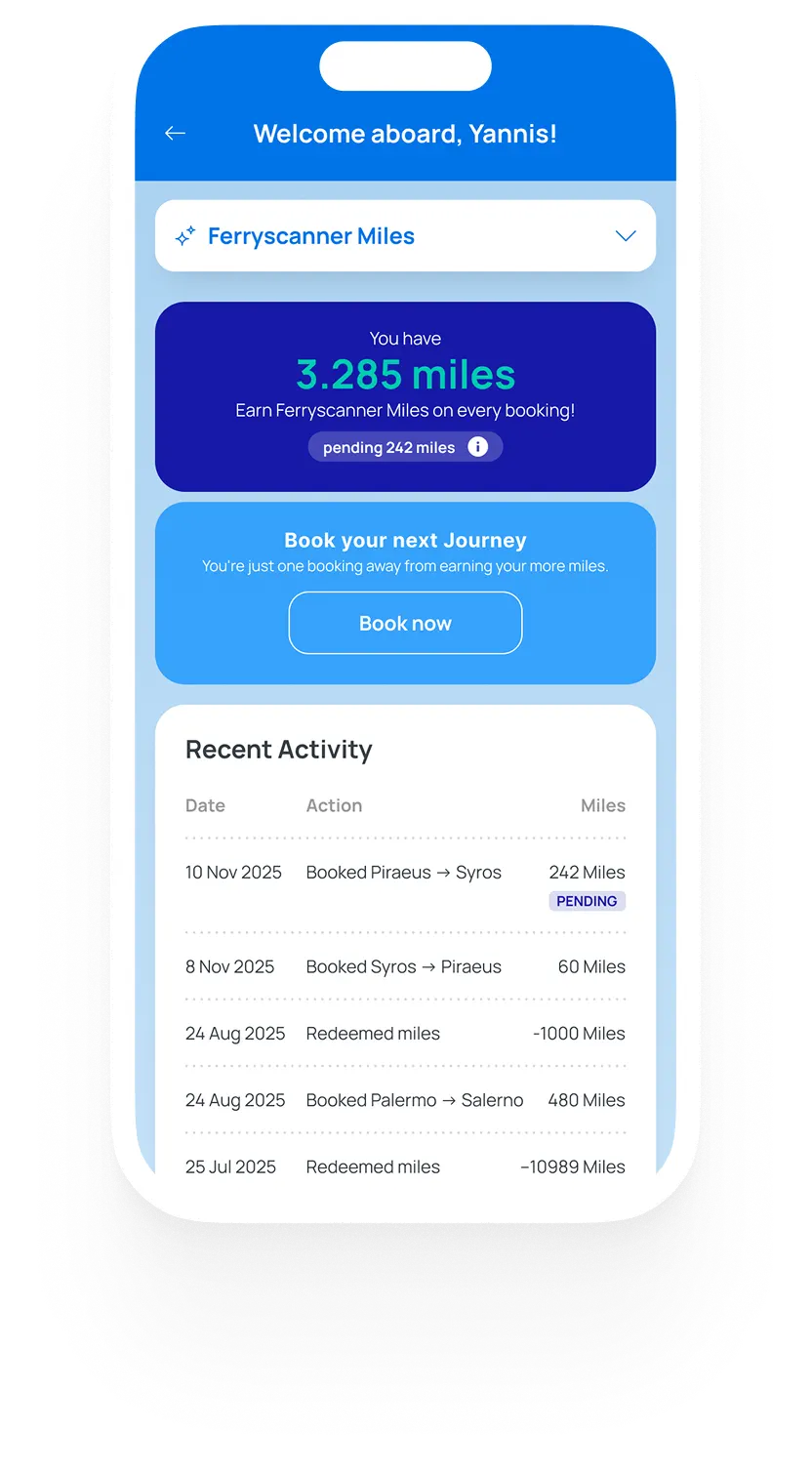 Ferryscanner app showing a miles balance