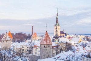snow covered buildings in Tallinn, Estonia