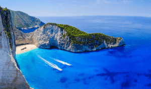 Zakynthos skeppsvrak strand Navagio Bay panorama Blått vatten