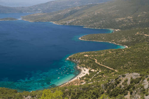 panoramic photo of the vast blue sea above a mountain full of green trees