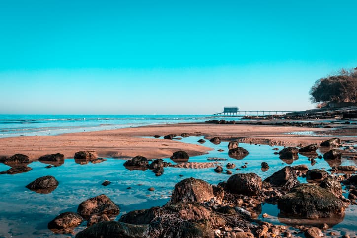 Une longue plage avec des petits bassins laissés par la marée haute et un ponton en toile de fond.