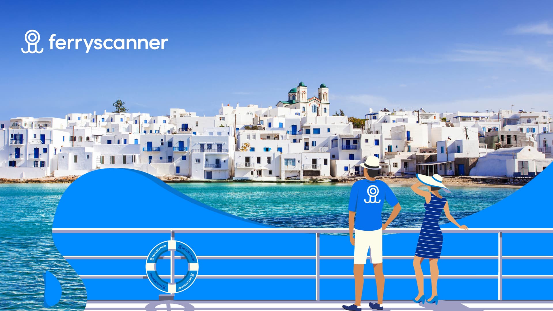 Un homme et une femme sur un bateau regardant la belle ville Grecque au loin.