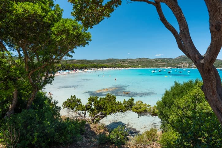 Vista panoramica sulla baia circolare di Rondinara in Corsica, con mare turchese, sabbia chiara e barche ormeggiate.