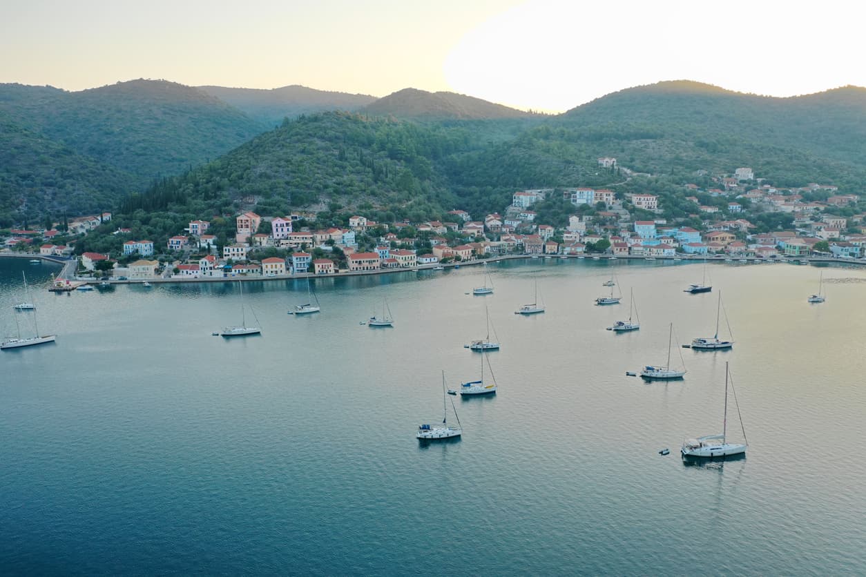 Daytime drone photo of Vathy Bay Village in İthaka
